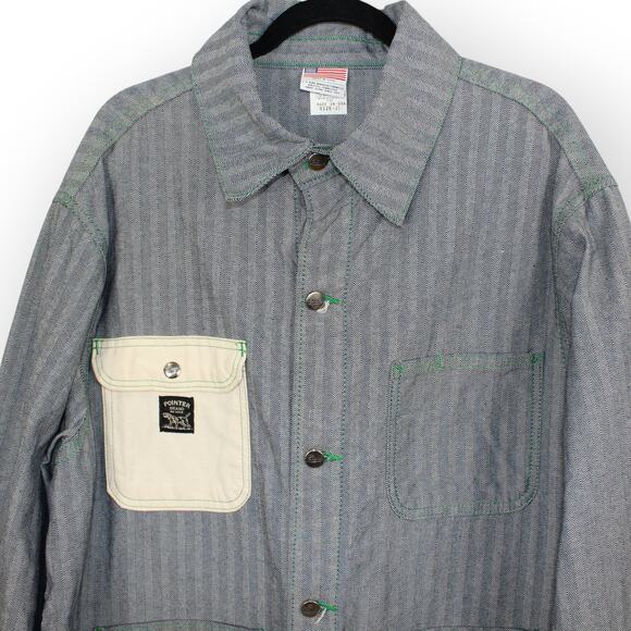XL PointerBrand LCKing FisherStripe Chore Coat DrillDuckPocket GreenStitch USA - Picture 2 of 16
